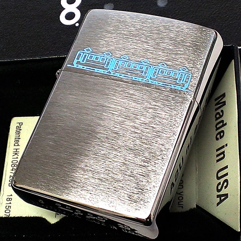 ZIPPO ライター レーザー彫刻 シルバーサテン ジッポ 電車 かわいい ブルー シンプル 銀 おしゃれ メンズ 青 ギフト プレゼント レディース