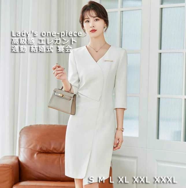 レア商品通勤ワンピース スーツワンピース レディース エレガント ビジネス 無地 シンプル ホワイト Ｖネック 不規則 膝丈ワンピース 半袖ワンピース おしゃれ 着やせ 宴会 パーティー 七五三 結婚