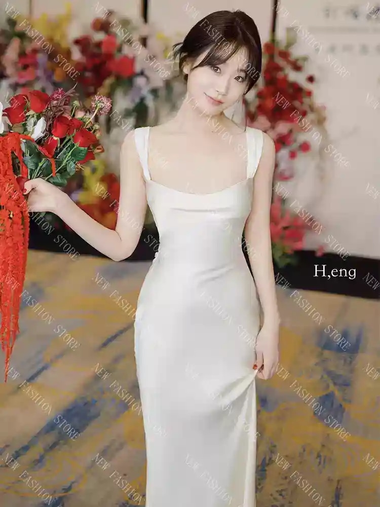 白いストラップ付き軽いウェディングドレスイブニングドレスマーメイドラインワンピース-98