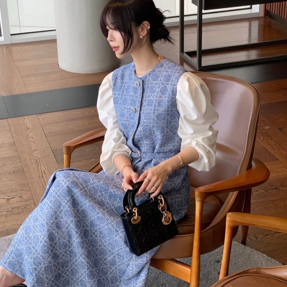 【3日出荷】韓国風 春 上品 ボタンリボンギャザー チェック柄キャミソールワンピース
