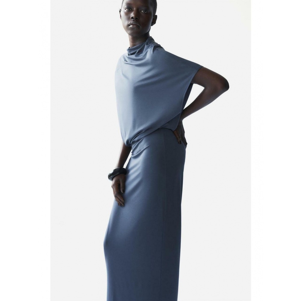 H&M アシンメトリックドレープドレスダークブルー 1349268001