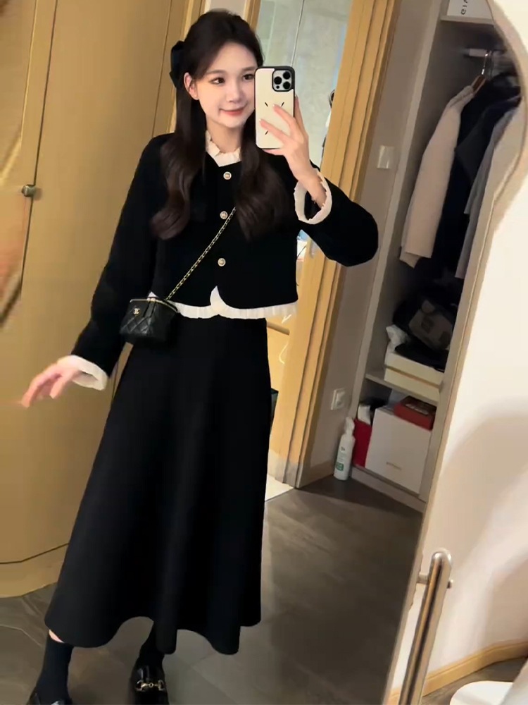 黒い長袖ドレス女性2023新しい秋の小さな香りのヘップバーンスタイルの全体のセットと小さい