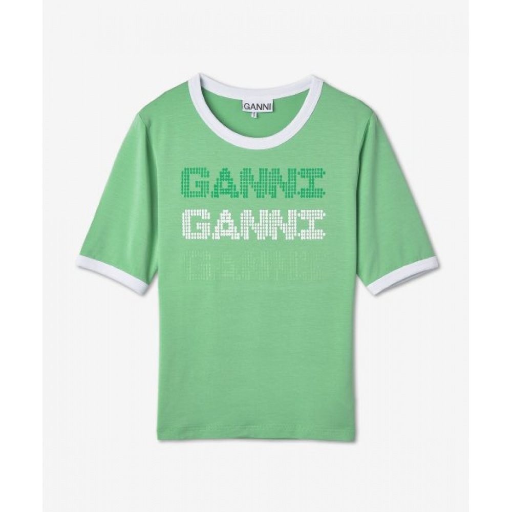 GANNI 女性用ストレッチロゴフィットショートスリーブ T シャツ-Piford/T3352484