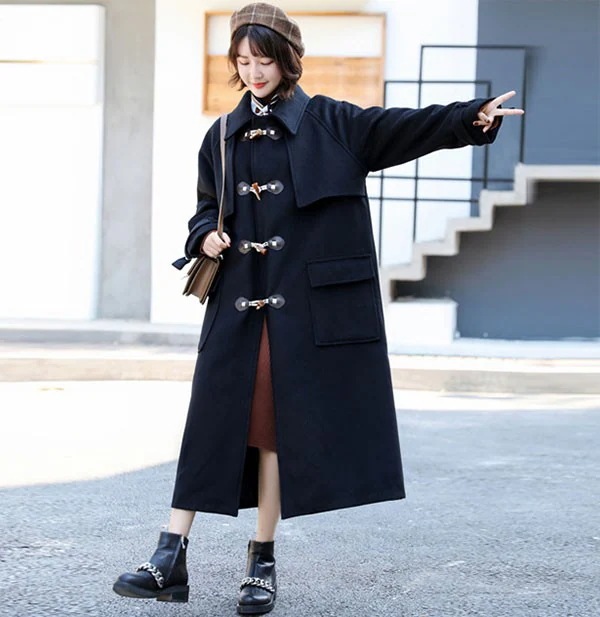 【3日で出荷】ダッフルコート レディース 超ロング丈 女子 アウター 通学 学生 カジュアル シンプル 秋冬 冬物 冬服 防寒 カジュアル 韓国 大人可愛い ブラック
