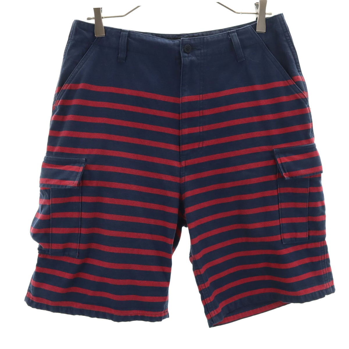 2012年 日本製 ボーダー柄 カーゴショートパンツ M ネイビー メンズ 古着