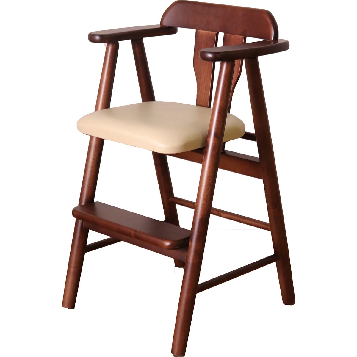 お利口に座るダイニングチェア（子供用） ダークブラウン／子ども用ダイニングチェア 2歳以上 アーム付き 足置き 単品 天然木 木製 バーチ材 水性塗料