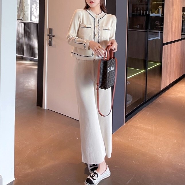 パンツ ボトムス ニット カーディガン セットアップ レディース ロングパンツ ワイドパンツ ロング フルレングス 長袖 ラウンドネック ノーカラー ワイド フレア ポケット 前開き 大人可愛い