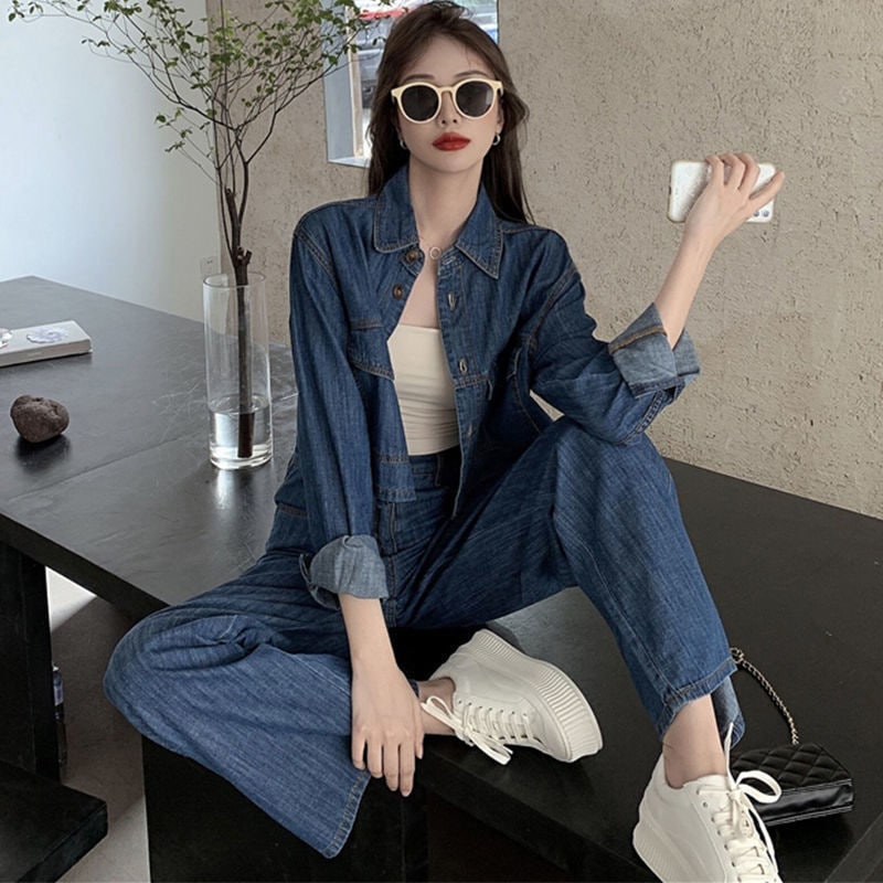 涼しく楽ちんセットアップ 夏の新しい爆発的なファッションは年齢を失うデニムワイドレッグパンツの2つのスーツの女性です