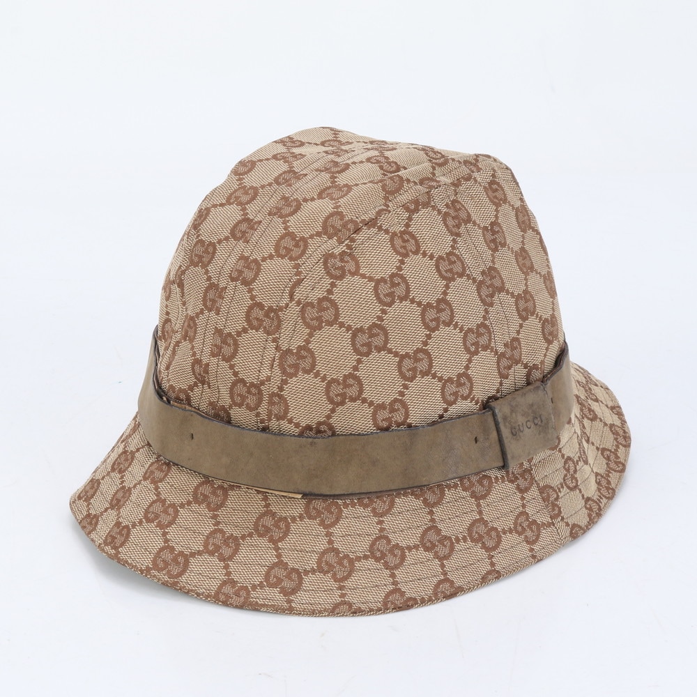 美品 GGキャンバス バケット 帽子 ファッション ブラウン 030367 XM116 レザー×キャンバス ハット メンズ ECE CP44-3 中古