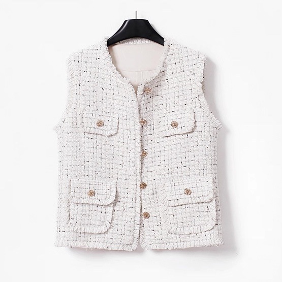 レディース トップス ベスト 前開き 袖なし ノースリーブ Uネック ラウンドネック フェミニン コンサバ ボタン ヴィンテージ ツイード フリンジ かわいい 大人可愛い きれいめ 上品 おしゃれ