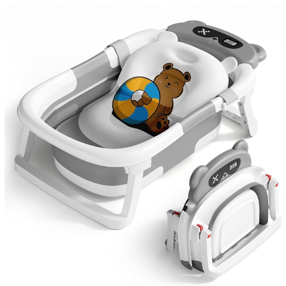 SHAKE BEAR ベビーバス 折りたたみ式 ベビー用浴槽 湯温計 バスクッション付き 赤ちゃん 新生児 沐浴 ベビー お風呂 0~6歳 バスタブ コンパクト 水抜栓付 赤ちゃん用 出産祝い ギフ