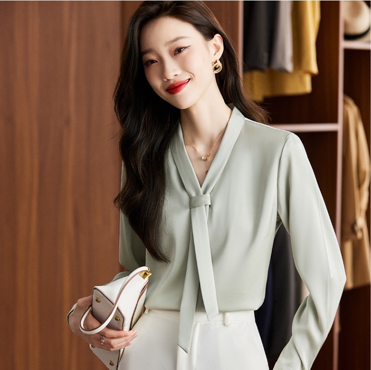 ボウタイシフォンシャツ フォーマルシフォンシャツ オフィスカジュアル 春秋シフォンシャツ トップス Tシャツ シャツ カットソー プルオーバー 白シャツ 白トップス 袖あり 長袖 Vネック 襟付き