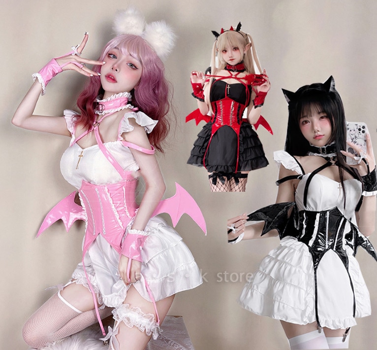ハロウィン コスプレ メイド服 女性 蝙蝠 悪魔 魔女 変身仮装 セクシー制服 Halloween こすぷれ レディース ハロウィン衣装 学園祭 文化祭 イベント メイドコスプレ ピンク レッドブラッ