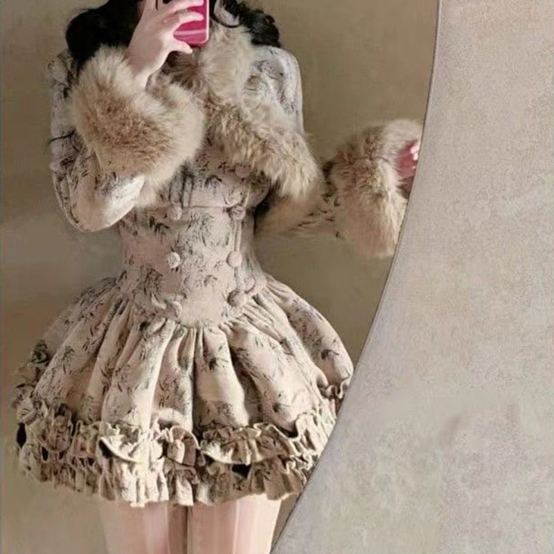 リッチ・ヘイレスの秋冬向けレトロ花柄ツーピースセット：ふわふわワンピーススリミングショートジャケット