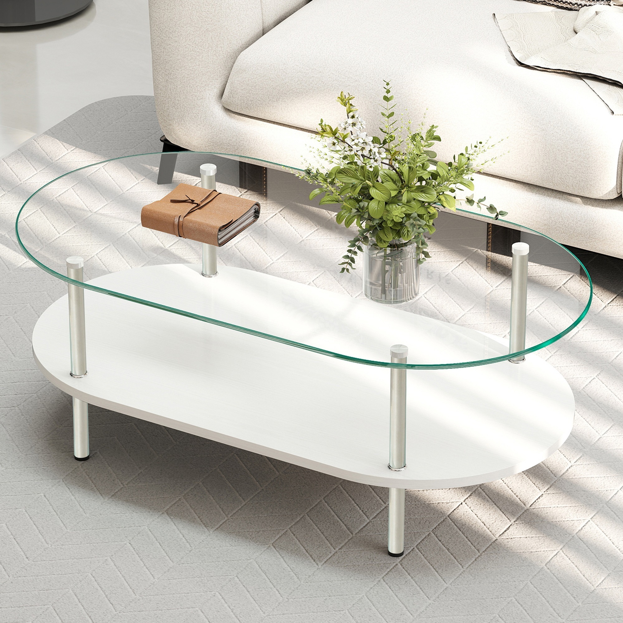 【171】二段オーバルコーヒーテーブル 強化ガラス天板+MDF収納棚 ミニマリストデザイン リビング専用 ホワイト