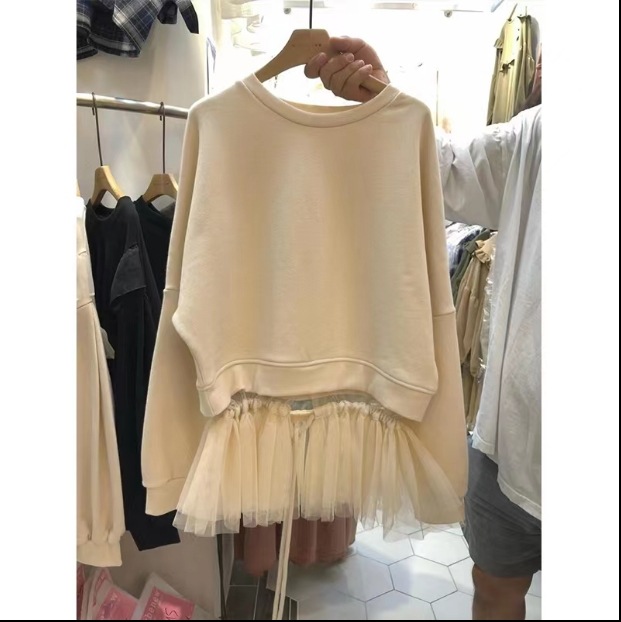 トップス チュール プルオーバー セーター トレーナー ミディアム丈 袖あり 長袖 ラウンドネック クルーネック プリーツ シフォン 切り替えデザイン ふわふわ 異素材MIX かわいい おしゃれ