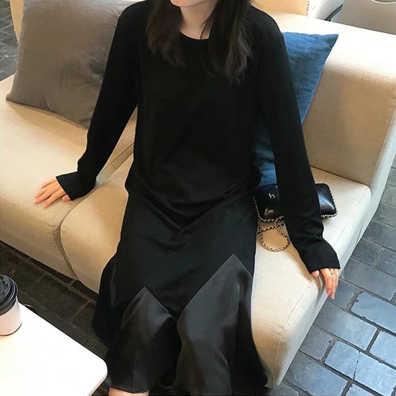 レディース マーメイドワンピース 異素材コンビ長袖ロングワンピース 74