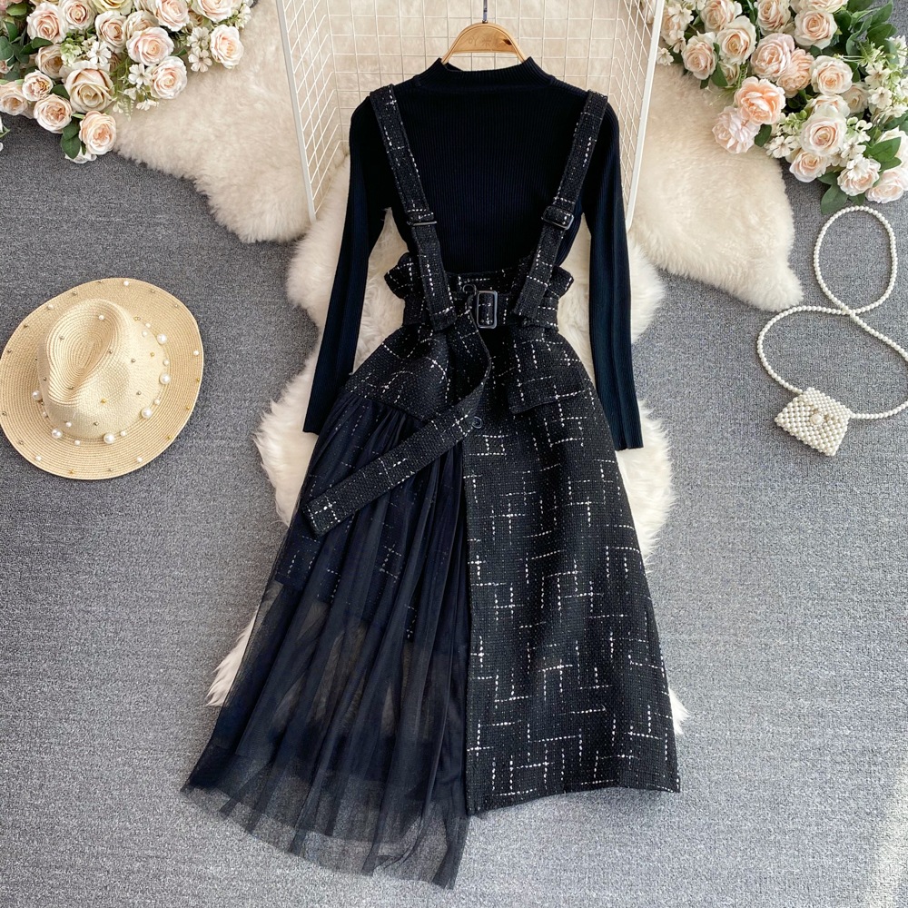 トップス スカート ニットソー サロペット フレアスカート チュールスカート ミモレ丈 ロング丈 長袖 ハイネック フレア スリム タイト 切り替えデザイン ドッキング チュール ベルト