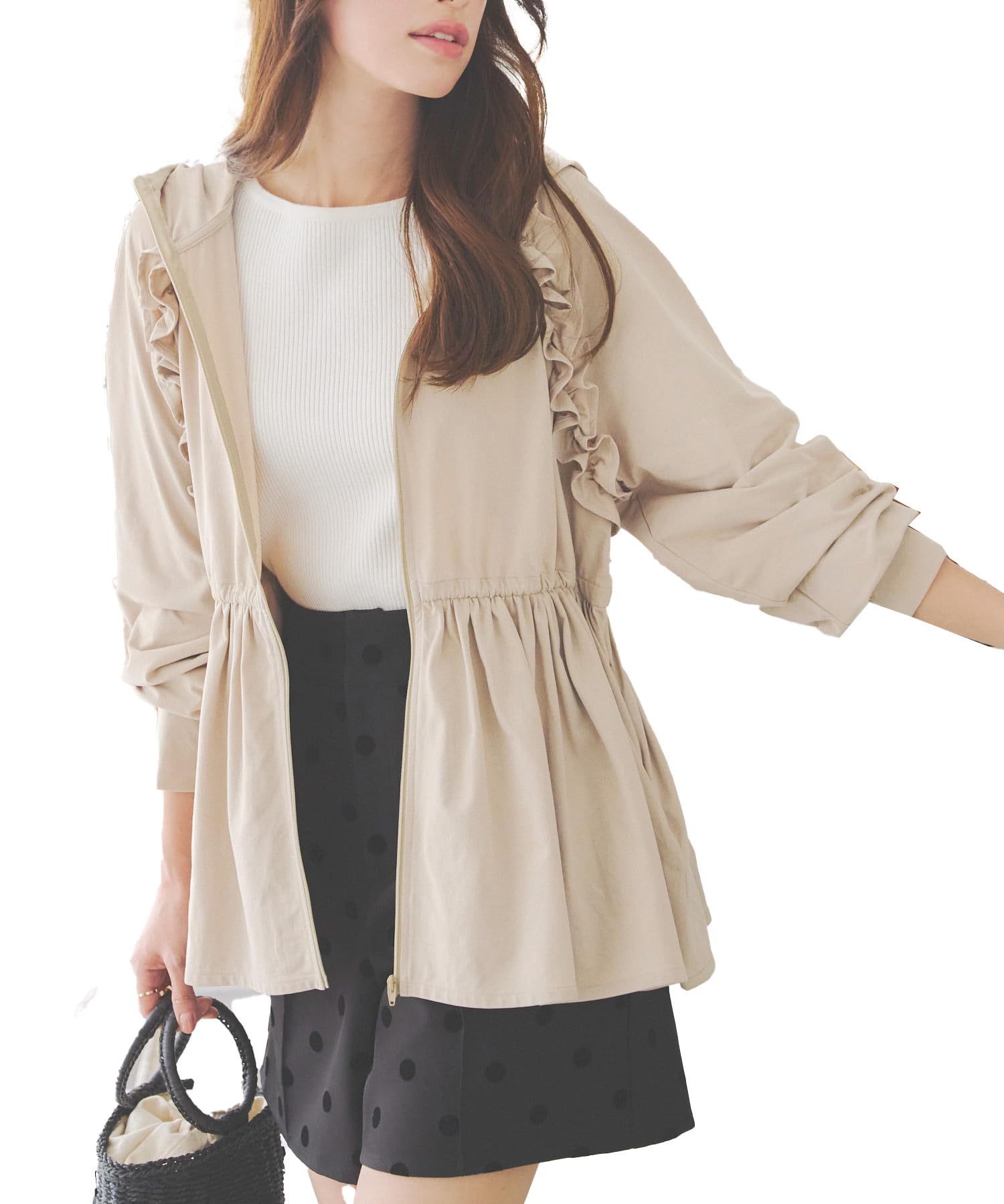 [神戸レタス][ ラッシュガード ] 指穴付きウエストストリング肩フリルパーカー 紫外線対策 UVカット プール 海 [S209] M ベージュ