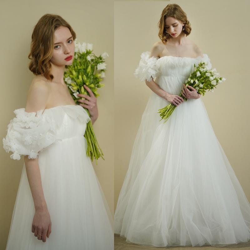 ウェディングドレス ウエディングドレス マタニティドレス 二次会 結婚式 前撮り ブライダル ロングドレス 花嫁 Aラインドレス ハイウエスト オフショルダー 海外挙式 フォトウェディング オフホワイ