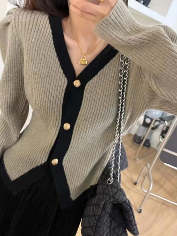 パフスリーブ 長袖 ニット レディース 秋冬 Vネック セーター カーディガン トップス シック アプリコット シングルブレスト ショート丈 おしゃれ