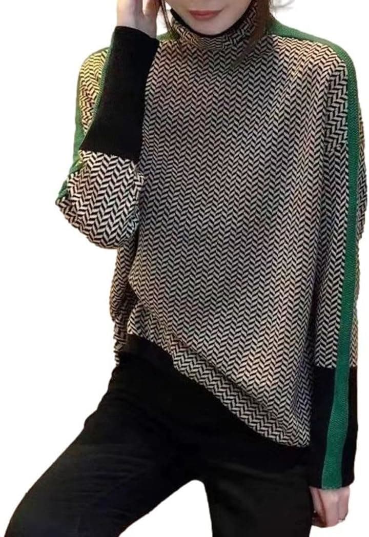 ヘリンボーンニットトップス タートルネック プルオーバー ゆるシルエット10分袖 レディース JS105( グリーン, L)