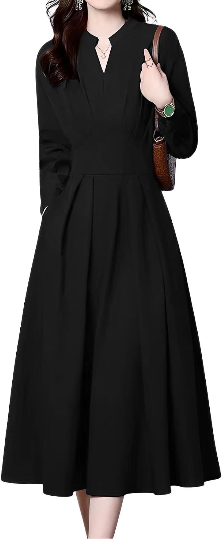vネック ワンピース ロング 長袖 レディース 春ワンピース 入学式 オフィスカジュアル パーティードレス タイトワンピース(ブラック, L)
