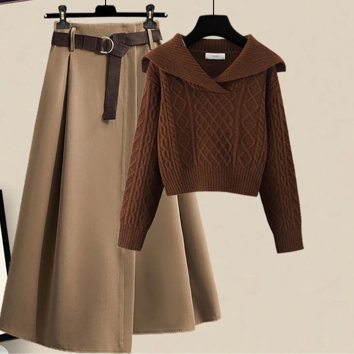セットアップ レトロ風 日本風 セーター 秋用 ショート丈 トップス＋スカート ツーピース[最も安い挑戦]