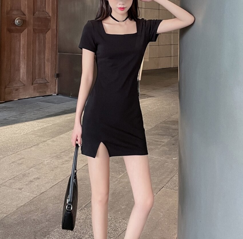 ワンピース ドレス レディース ショート スリット 半袖 スクエアネック スリム かわいい 大人可愛い きれいめ シンプル カジュアル 大人 上品 おしゃれ 無地 夏 デート お出かけ ブラック