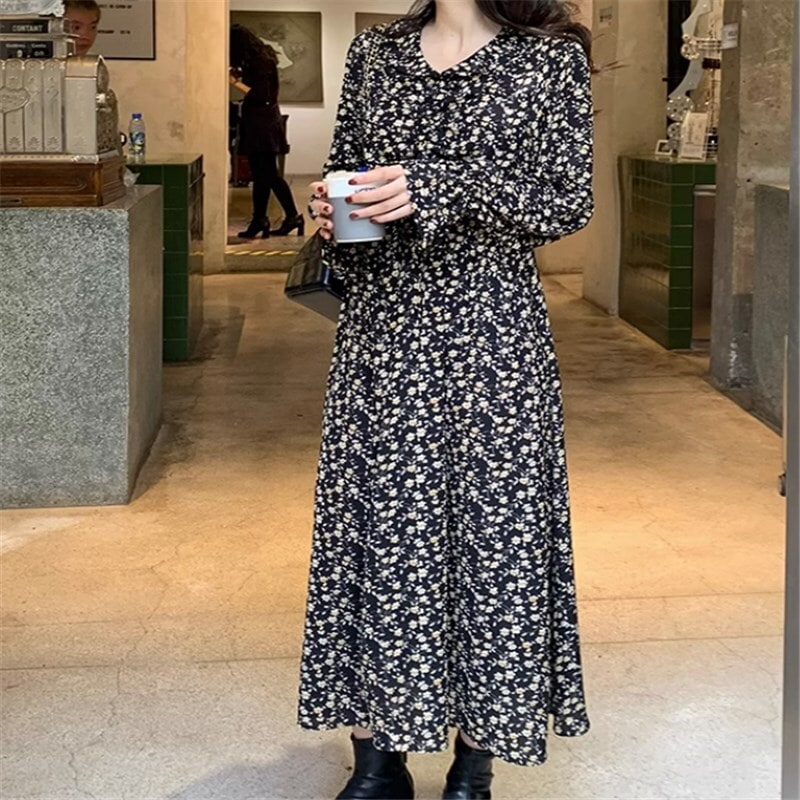 ワンピース ロングスカート ロング ロング丈 袖あり 長袖 ランタンスリープ ラウンドネック Aライン レギュラー ハイウエスト かわいい 大人可愛い きれいめ 花柄 小花柄 フラワー 春 秋
