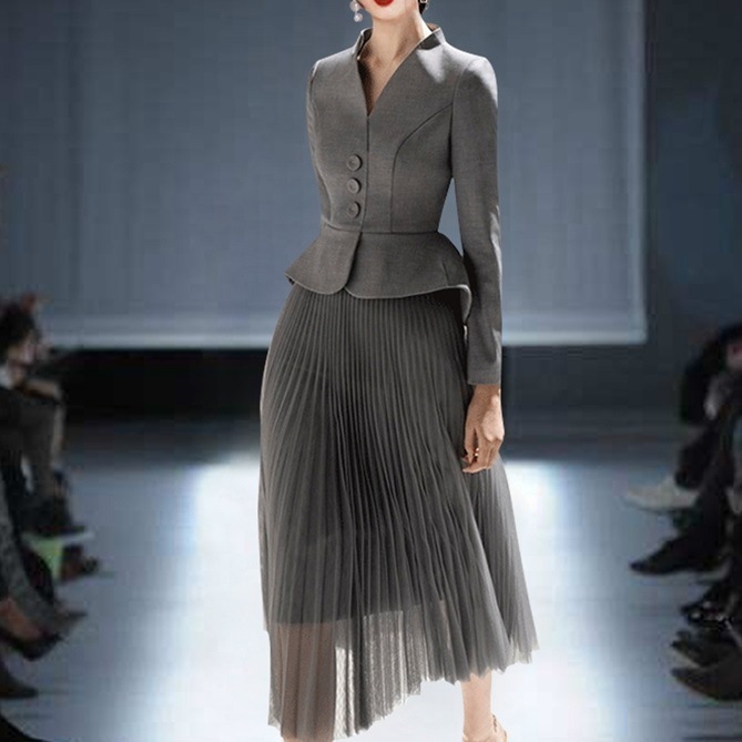 レディース スカート トップス ボトムス セットアップ フレア ノーカラージャケット 長袖 Vネック 襟なし ノーカラー Aライン プリーツ チュール ウエストマーク ハイウエスト ボタン