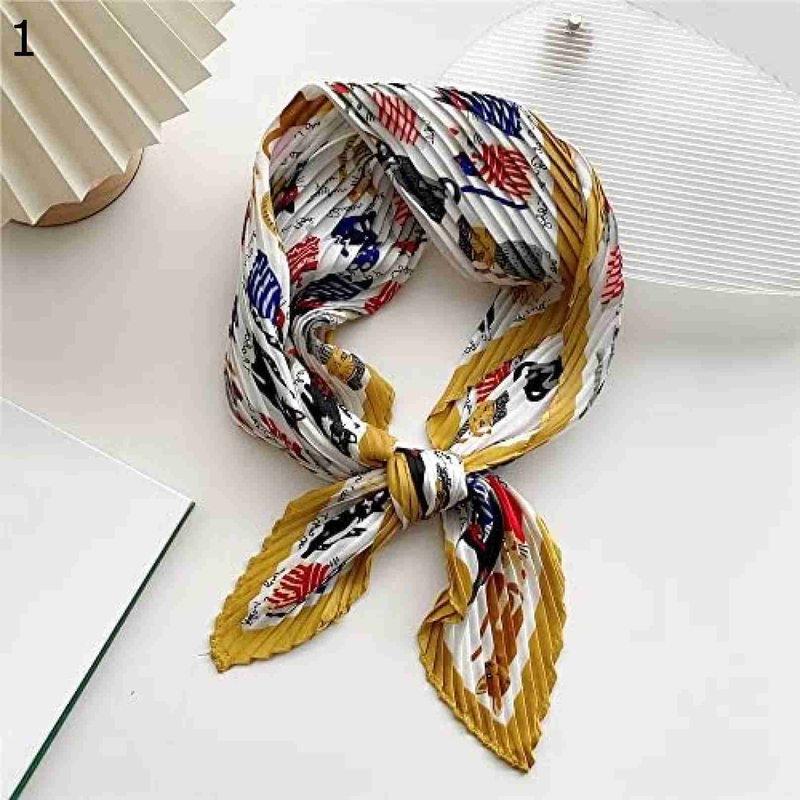 【20%OFFクーポン～】かわいい猫プリント ハンカチ ネック装飾女性ファッション クランプル スクエア クリンクル サテン スモール ネック スカーフ スカーフ (Color : Off-whi 5,438円