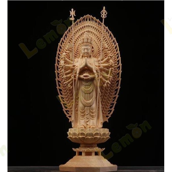 特売 仏教美術 精密彫刻 仏像 手彫り 八角台座 千手観音菩薩 高さ約43ｃｍ