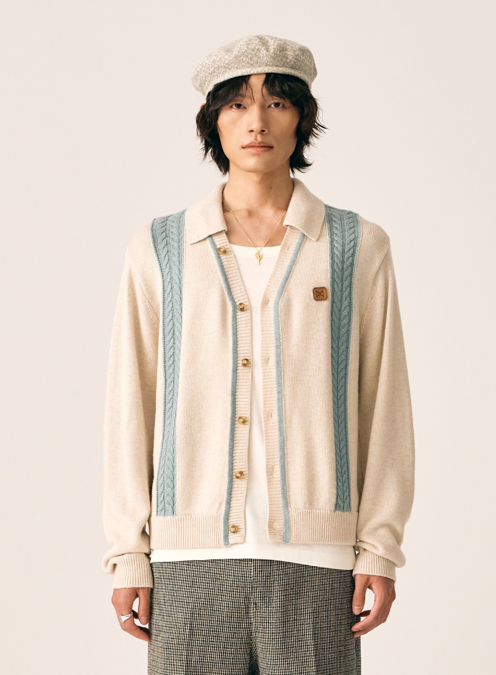 【SATUR】 FARO CASHMERE BLEND COLLAR KNIT CARDIGAN : BLUE IVORY