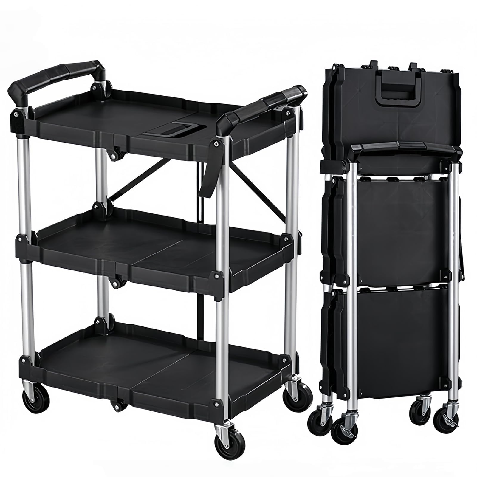 ワゴン キャスター付き 3段 折り畳み式 ツールカート ツールワゴン 収納トレー付き コンパクト 総耐荷重75kg 7,490円