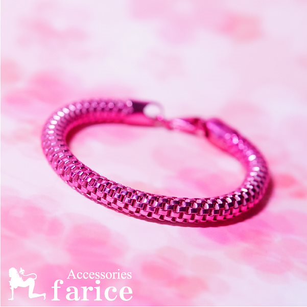ヴィヴィッドメタルピンクカラー 編み込みスネーク(蛇)チェーンデザイン レディース シルバージュエリー ブレスレット