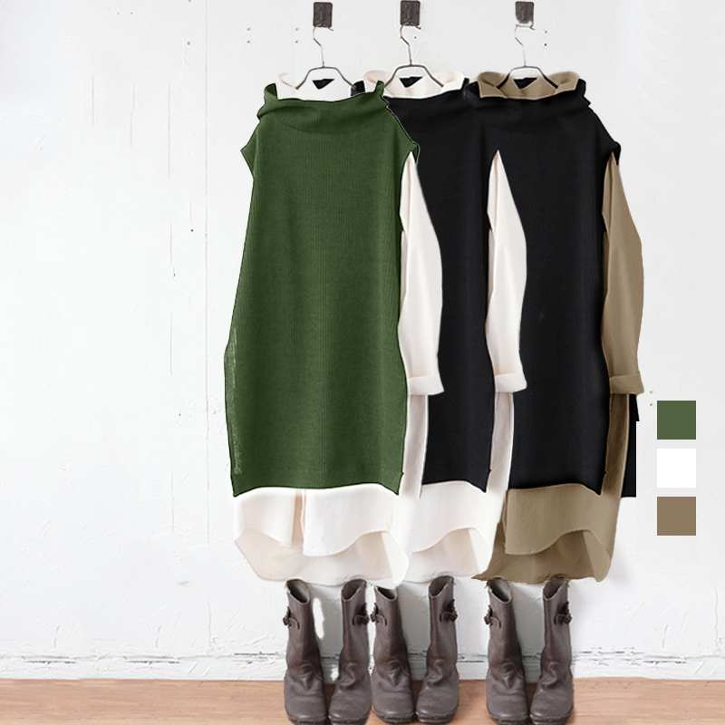 【女性大人気】 デザイン シンプル 長袖 ワンピース パーカー ハイネック 無地 2点セット レディース