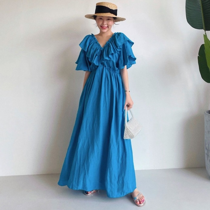 【輝いて超人気】 ギャザー飾り Vネック Aライン カジュアルワンピース