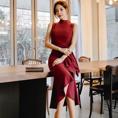 ドレス ワンピース カラードレス タイトドレス ブラックドレス カジュアルドレス ボディコン ミモレ ミモレ丈 ノースリーブ スタンドカラー アシンメトリー ウエストマーク 切り替えデザイン