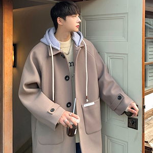 韓国ファッション テーラード 秋冬 防寒フード付きコート 着痩せ メンズ ジャケット セミロング丈 アウター