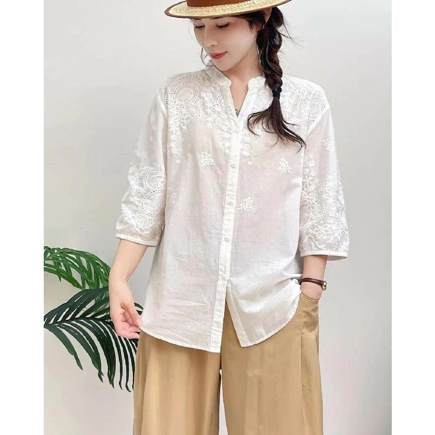 シャツ ブラウス レディース レース 花柄 刺 7分袖 春 夏 秋 カットワーク トップス シャツ ホワイト フェミニン 着回し シンプル おしゃれ 大人 カジュアル 5,148円