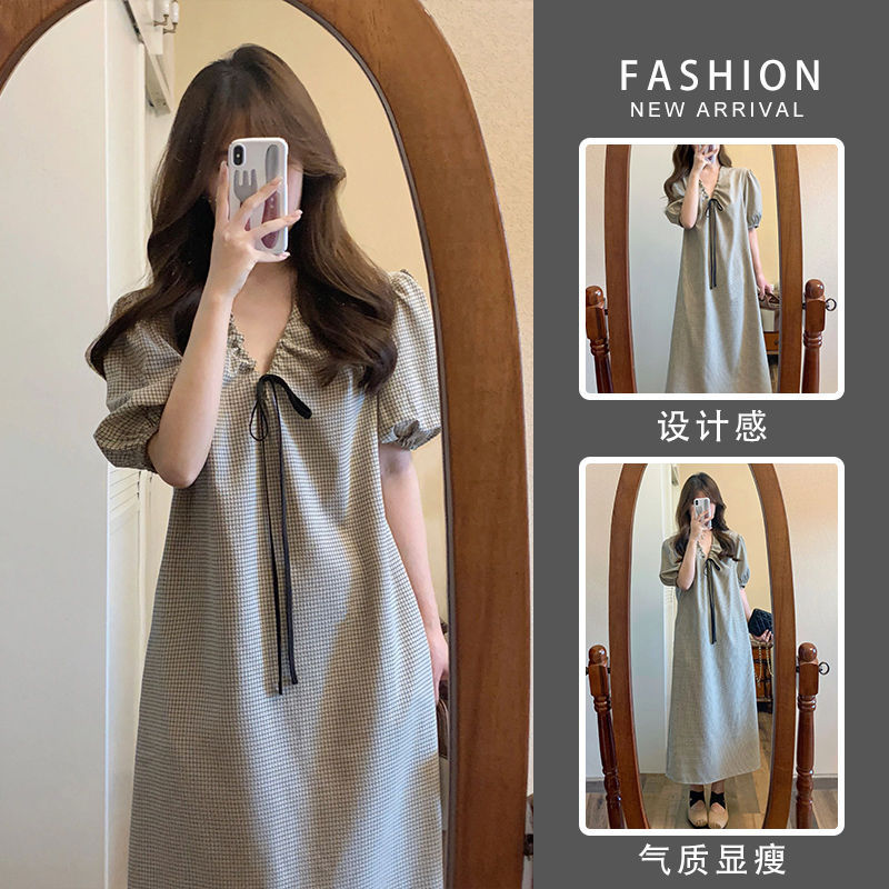 サマーマタニティドレスフレンチデザインスリムロングスカートデザインチェック柄パフスリーブサマー妊婦ドレス