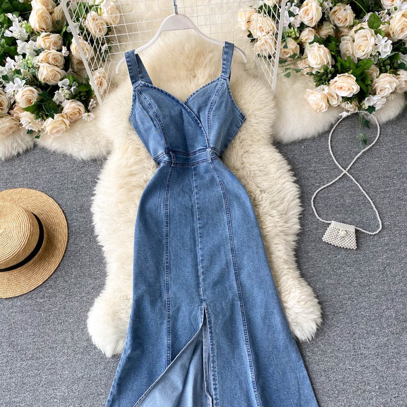 デニムワンピース ワンピース デニムワンピース 袖なし ノースリーブ Vネック ウエストマーク 切り替えデザイン ハイウエスト デニム かわいい 大人可愛い きれいめ シンプル カジュアル 大人 上品