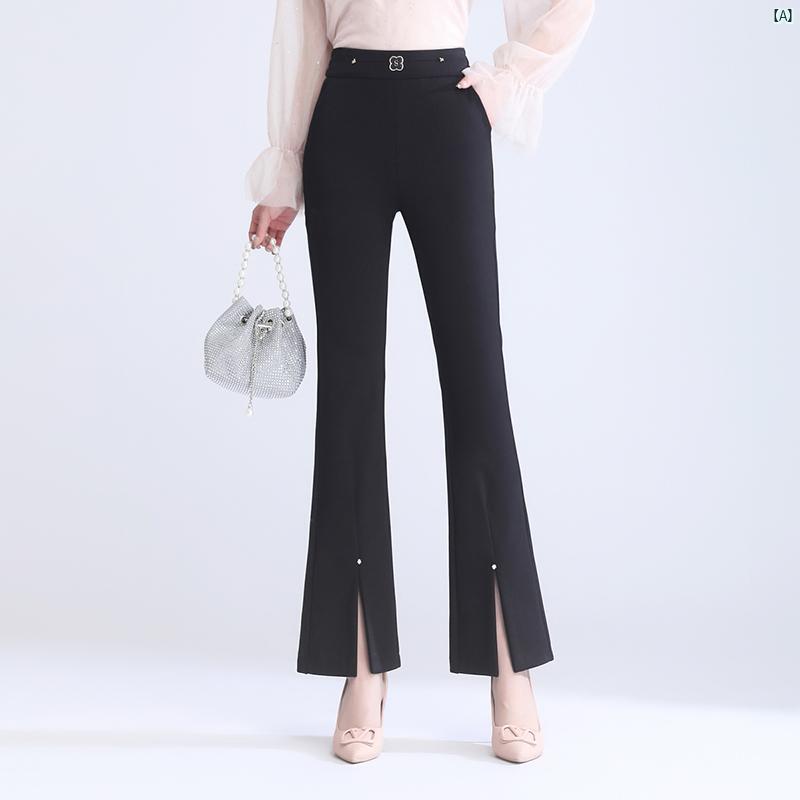 レディース　ファッション　オシャレ　シンプル ブラック スリット ブーツ カット パンツ 春秋 ハイウエスト スリム 九分丈 フレア 子供