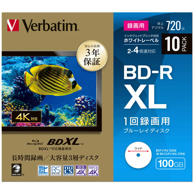 VERBATIMJAPAN　1回録画用ブルーレイディスク BD-R XL ホワイトプリンタブル 10枚 100GB インクジェットプリンター対応　VBR520YP10D1-B