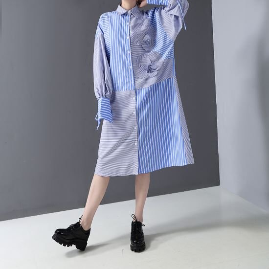 【取寄：納期2週間】シャツワンピース レディース 膝丈 ワンピース 夏 体型カバー ロングシャツ ストライプ ワンピース ワンピース ゆったり 通勤着 オフィス チュニック 長袖 ワンピース