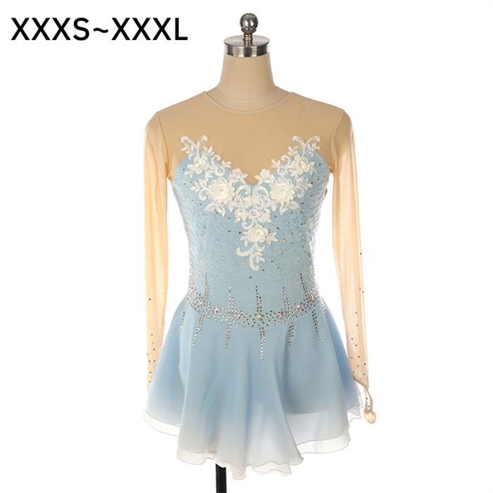 フィギュアスケート ドレス 女の子 レディース ブルー 水色 コンクール 衣装 競技用 演出服 レッスン着 フレア ストレッチ キラキラ フォーマンス 3XS-4L