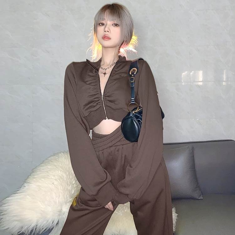 新しい 3色 セットアップ レディース ショート丈 ジャケット スウェット パンツ 上下セット カッコイイ クール セクシー カジュアル 個性的 ヘソ出し お腹見せ ミニ丈 トップス 長袖 ハイウエス
