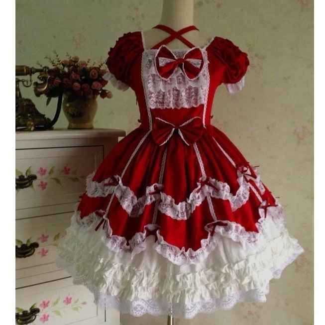 【急速発送】ロリータ洋装レース宮廷ドレスCOS舞踏会ポンポン半袖ゴシックプリンセスワンピース秋の万能アイテム