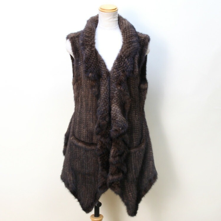 ミンク 編み込み ファー ベスト ジレ 細見え フリル ブラウン 送料無料 レディース ギフト プレゼント